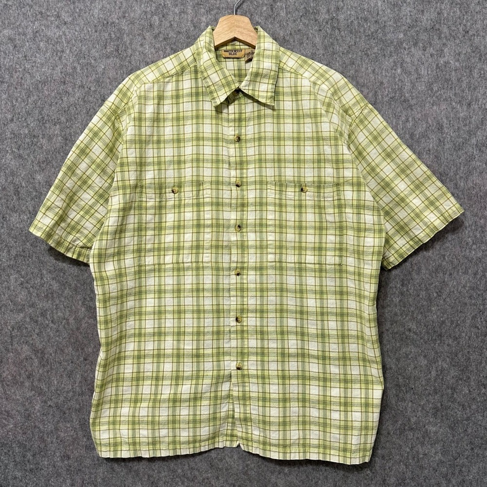 North‎ West Blue Plaid Short Sleeve Button Up Shirt Mens XL Green White